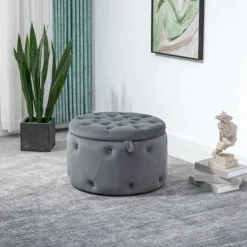 Rootz Living Sittpuffar>Rootz Pall - Rund - Med förvaringsfack - Quiltad design med knappar - Överdrag i sammetslook - Grå - 60 x 60 x 40 cm