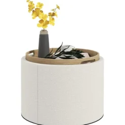 Rootz Living Sittpuffar>Rootz Pall - Stoppad pall - Linne - Dold förvaring - Vändbart lock - Kräm + Natur - 5,6 cm x 56 cm x 42 cm