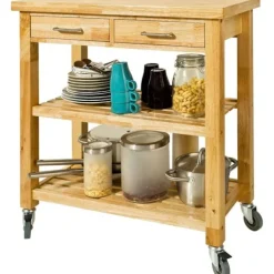 Rootz Living Köksö>Rootz Rubber Wood Kitchen - Förvaringsvagn med två lådor och hyllor