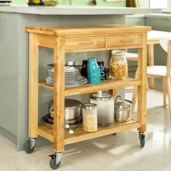 Rootz Living Köksö>Rootz Rubber Wood Kitchen - Förvaringsvagn med två lådor och hyllor