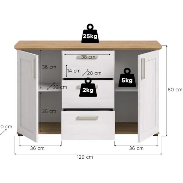 Rootz Living Sideboards>Rootz Sideboard - Buffet - förvaringsskåp - Optimal organisation - 129x80x40cm - vit och brun