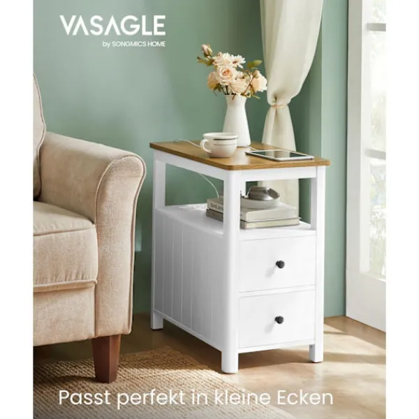 Rootz Living Småbord>Rootz sidobord med Power Strip - Avslutsbord - Nattduksbord - Träspånskiva - MDF - Valnöt Brun-Vit - 60cm x 35cm x 60cm - 17kg - 90kg Max belastningsk | Fyndiq