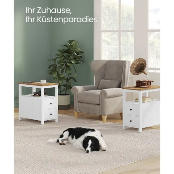 Rootz Living Småbord>Rootz sidobord med Power Strip - Avslutsbord - Nattduksbord - Träspånskiva - MDF - Valnöt Brun-Vit - 60cm x 35cm x 60cm - 17kg - 90kg Max belastningsk | Fyndiq