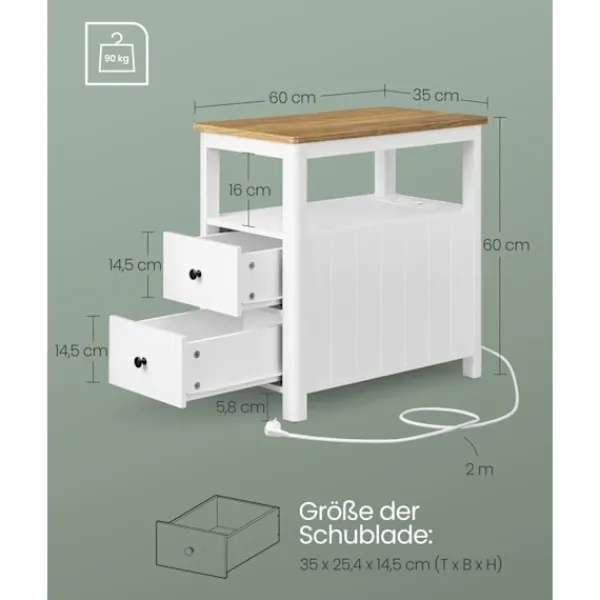 Rootz Living Småbord>Rootz sidobord med Power Strip - Avslutsbord - Nattduksbord - Träspånskiva - MDF - Valnöt Brun-Vit - 60cm x 35cm x 60cm - 17kg - 90kg Max belastningsk | Fyndiq