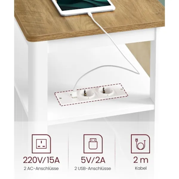 Rootz Living Småbord>Rootz sidobord med Power Strip - Avslutsbord - Nattduksbord - Träspånskiva - MDF - Valnöt Brun-Vit - 60cm x 35cm x 60cm - 17kg - 90kg Max belastningsk | Fyndiq