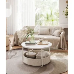 Rootz Living Soffbord>Rootz sidobordsset - Ändbord - Tygkorg - Förvaringslösning - 75 cm x 45 cm - 71,5 cm x 15 cm - Matt vit - Kamelbrun