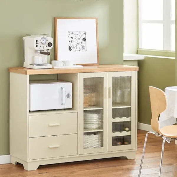 Rootz Living Sideboards>Rootz skänk med glasdörrar - Köksskåp - Kommod - Hallgarderob - MDF & Gummiträ - Förvaring & Display - Vinställ - Mikrovågsugn - 120cm x 90cm x 40cm | Fyndiq