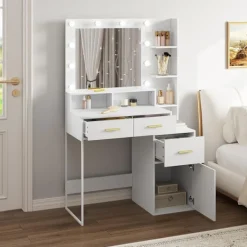 Rootz Living Sminkbord>Rootz Sminkbord med LED-spegel - Sminkbord - Justerbar ljusstyrka, rymlig förvaring, hållbar konstruktion - 90 cm x 143 cm x 39,5 cm