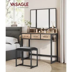 Rootz Living Sminkbord>Rootz Sminkbordsset - Sminkbord - Sminkbord - Spånskiva - Stålben - Glasskiva - Pall i konstläder - 40cm x 90cm x 141cm