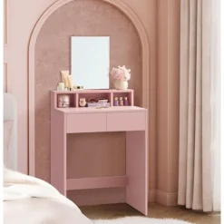 Rootz Living Sminkbord>Rootz Sminkbordsset med spegel - Sminkbord - Sminkbord - 2 lådor - Pastellrosa - 40cm x 60cm x 127cm