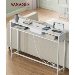 Rootz Living Småbord>Rootz Snövit spånskiva stål sidobord - Ändbord - Nattduksbord - Power Strip - Lätt - Robust - Enkel montering - 25 cm x 120 cm x 81,1 cm