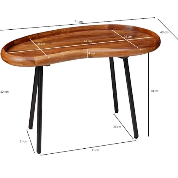 Rootz Living Soffbord>Rootz soffbord 71x42x40 cm Sheesham massivt soffbord njurform med metallben - Vardagsbord massivt trä - Litet njurbord äkta trä - Stubentisch Holz - S | Fyndiq