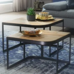 Rootz Living Småbord>Rootz soffbordsset om 2 Mango massivt trä - metall vardagsrumsbordslampa - Industriellt kapsbord sidobord metallben svarta - 2-delat bordstablett kaps | Fyndiq