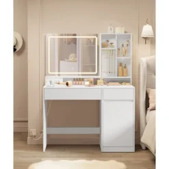 Rootz Living Sminkbord>Rootz toalettbord med LED -belysning - Vanity Table - Makeup Desk - MDF and Chipboard - Cloud White - 40 x 110 x 138 cm