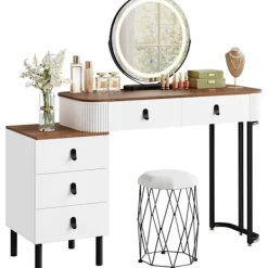 Rootz Living Sminkbord>Rootz toalettbordsset - Makeup Vanity - Beauty Station - Dimble LED Mirror - Velvet Stool - White -brown - 100 x 126 x 40 cm