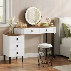 Rootz Living Sminkbord>Rootz toalettbordsset - Makeup Vanity - Beauty Station - Dimble LED Mirror - Velvet Stool - White -brown - 100 x 126 x 40 cm