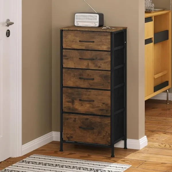 Rootz Living Byråer>Rootz Tyglåda med vintage trälook - Sovrumsbyrå - Skänk med 5 lådor - Organizer - 45,5 x 95,5 x 30 cm