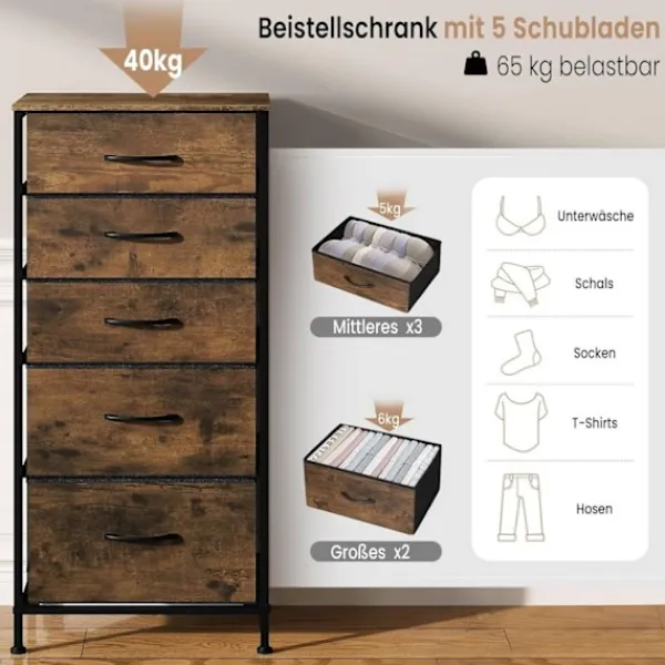 Rootz Living Byråer>Rootz Tyglåda med vintage trälook - Sovrumsbyrå - Skänk med 5 lådor - Organizer - 45,5 x 95,5 x 30 cm