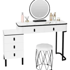 Rootz Living Sminkbord>Rootz Vanity toalettbordsuppsättning - Makeupbord - Skönhetsdisk - Dimbar LED -spegel - Velvet Stool - 100 cm x 126 cm x 40 cm - White & Black