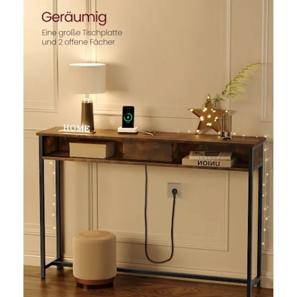 Rootz Living Småbord>Rootz Vintage Brown-Ink Black Soffbord - Sidobord - Spånskiva stål - Power Strip - 25cm x 120cm x 81,1cm