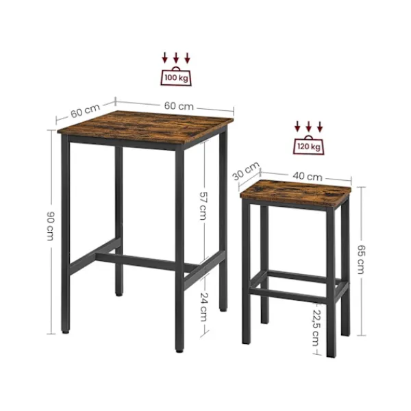 Rootz Living Matgrupper>Rootz Vintage Brun-Svart Barbordsset - Spånskiva stål - Pubbordsset - Bord och stolar i mothöjd - Kompakt design - Robust konstruktion - 60cm x 60cm x | Fyndiq