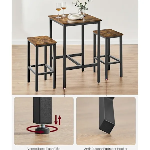 Rootz Living Matgrupper>Rootz Vintage Brun-Svart Barbordsset - Spånskiva stål - Pubbordsset - Bord och stolar i mothöjd - Kompakt design - Robust konstruktion - 60cm x 60cm x | Fyndiq