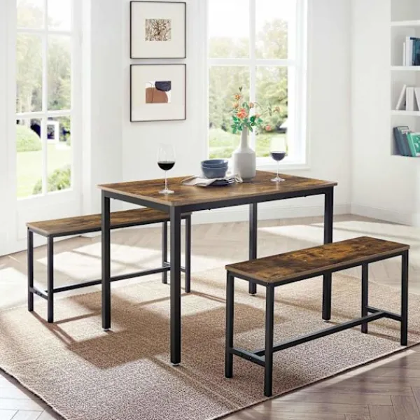Rootz Living Matgrupper>Rootz Vintage brun-svart matbordsset - Träspånstål - Köksbord - Bänksittplatser - Robust konstruktion - Utrymmesbesparande design - 110cm x 70cm x 75c | Fyndiq