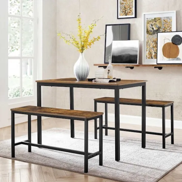 Rootz Living Matgrupper>Rootz Vintage brun-svart matbordsset - Träspånstål - Köksbord - Bänksittplatser - Robust konstruktion - Utrymmesbesparande design - 110cm x 70cm x 75c | Fyndiq
