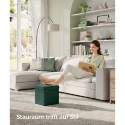 Rootz Living Sittpuffar>Rootz Vintage Green Seat Chest - Förvaring Ottoman - Fotstöd - MDF imiterad linne - 25D skum - 30cm x 30cm x 30cm - 1,6kg - 130kg Kapacitet