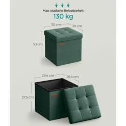 Rootz Living Sittpuffar>Rootz Vintage Green Seat Chest - Förvaring Ottoman - Fotstöd - MDF imiterad linne - 25D skum - 30cm x 30cm x 30cm - 1,6kg - 130kg Kapacitet