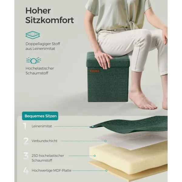 Rootz Living Sittpuffar>Rootz Vintage Green Seat Chest - Förvaring Ottoman - Fotstöd - MDF imiterad linne - 25D skum - 30cm x 30cm x 30cm - 1,6kg - 130kg Kapacitet