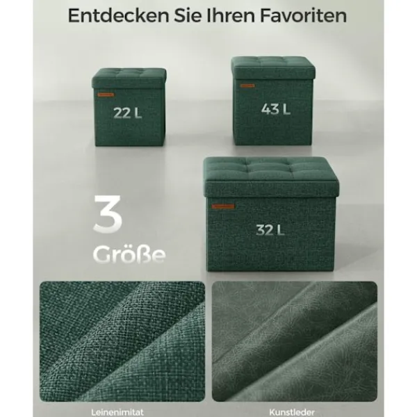 Rootz Living Sittpuffar>Rootz Vintage Green Seat Chest - Förvaring Ottoman - Fotstöd - MDF imiterad linne - 25D skum - 30cm x 30cm x 30cm - 1,6kg - 130kg Kapacitet