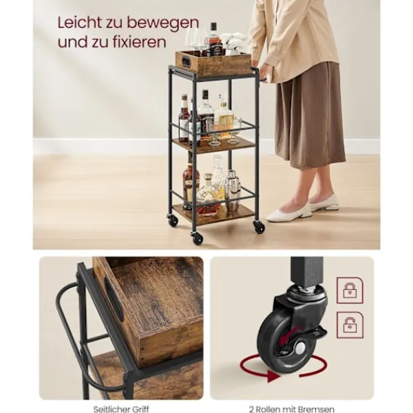 Rootz Living Småbord>Rootz Vintage Serveringsvagn - Barvagn - Rullvagn - Spånskiva och stål - 30 cm x 34,7 cm x 86 cm - Vintage Brun-Svart - 5,3 kg - 30 kg statisk belastn | Fyndiq