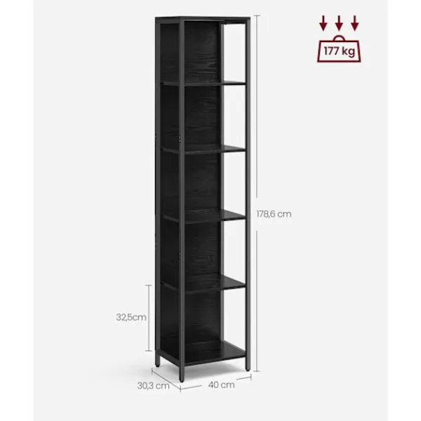 Rootz Living Hyllor>Rootz 6-vånings bokhylla - Bokhylla - Hög hylla - Stål och spånskiva - 30,3 cm x 40 cm x 178,6 cm - Ebenholtssvart - Max belastning 177 kg