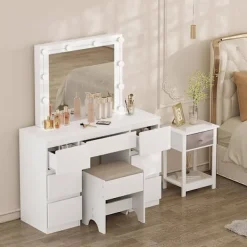 Rootz Living Sminkbord>Rootz White Sminkbord - Sminkbord - Sminkbord - Justerbar LED-belysning - Gott om förvaring - Hållbar design - 110 cm x 140,5 cm x 39,5 cm