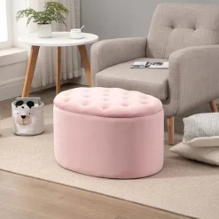 Northio Sittpuffar>Rosa Stoppad Bänk Med Förvaringsutrymme, Sammetslen Polyester, Gummiträ, Oval Form, För Vardagsrum, 71X52X42Cm