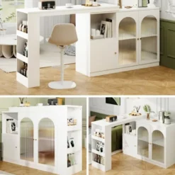 Köksö>Roterande barbord 360°, 120x40x97cm med glasdörr, multifunktionellt förvaringsskåp, vit