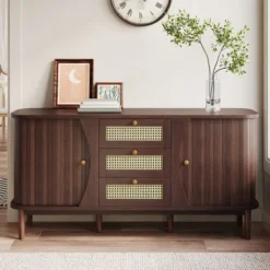 Sideboards>Rottingbyrå med skjutdörrar – skänk med justerbara insatser & rundad platta, stilfulla vardagsrumsmöbler