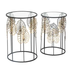 B2X Småbord>Runda glasbord, svart metall, bladguldsdesign