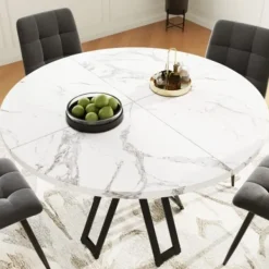 Matbord>Runt matbord 100 cm, marmorskiva, svarta ben, lätt vardagsrumsbord, för 4-6 personer, 76 cm högt