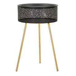 B2X Småbord>Runt svart metallbord, guldfärgade ben, förvaring, Ø40x65 cm
