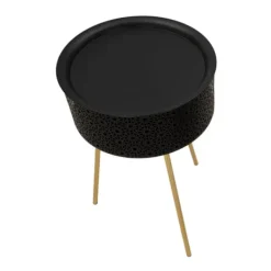 B2X Småbord>Runt svart metallbord, guldfärgade ben, förvaring, Ø40x65 cm