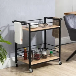 Northio Köksö>Serveringsvagn Köksvagn Med 2 Nivåer, Handtag, Hjul Med Broms, Skyddsräcken, Lastkapacitet 60 Kg, 82X40X75 Cm