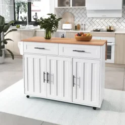 Köksö>Serveringsvagn med fällbar bordsskiva och 5 hjul | Skänk med förvaringsskåp och 2 lådor