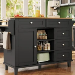 Köksö>Serveringsvagn (134x46x92 cm) – mobil köksvagn med lådor & förvaringsskåp, dubbel användning för hemmakök