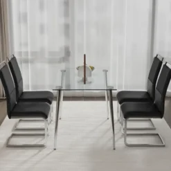 Matgrupper>Set med 4 högryggade matstolar tillverkade av PU-läder och linne, horisontell randdesign för kök/kontor, svart