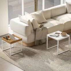 Northio Soffbord>Set med 2 soffbord, fyrkantiga sidobord, soffbord med stålstomme, soffbord i modern design, för vardagsrum, bärförmåga upp till 30 kg, vit + ek