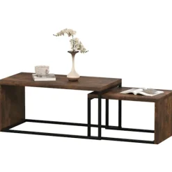 Northio Soffbord>Set med 2 soffbord, soffbord, sidobord, soffbord, olika former, multifunktionellt, elegant, enkelt, metallunderrede, svart och brun