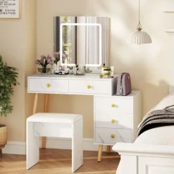 COSTWAY Sminkbord>Set med sminkbord och pall med spegel , justerbara lampor, 5 lådor, marmorimitation och ben i ek, vit