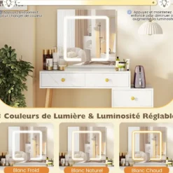 COSTWAY Sminkbord>Set med sminkbord och pall med spegel , justerbara lampor, 5 lådor, marmorimitation och ben i ek, vit